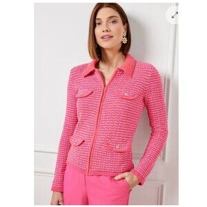 TALBOTS Collared Zip Cardigan Sweater Dash Stripe Size XL Pink NEW Modern Casual